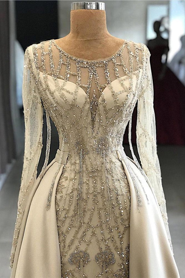 Shining Beaded Long Sleevess Round Neck Prom Dresses With Over Skirt A Ballbella Shining Beaded Long Sleevess Round Neck Prom Dresses With Over Skirt A Ballbella