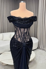 Shining Black Off-The-Shoulder Sequins Mermaid Prom Dresses Sheath With Lace-Ballbella