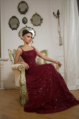 Shining Burgundy Spaghetti-Strap Sleeveless Sequins Prom Dress A-Line Long With Beads-Ballbella