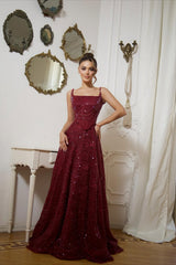 Shining Burgundy Spaghetti-Strap Sleeveless Sequins Prom Dress A-Line Long With Beads-Ballbella
