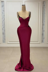 Shining Dark Red Spaghetti-Straps V-Neck Satin Prom Dress Sleeveless Mermaid With Beads-Ballbella