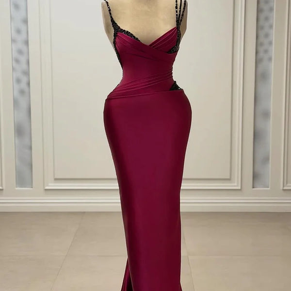 Shining Dark Red Spaghetti-Straps V-Neck Satin Prom Dress Sleeveless Mermaid With Beads