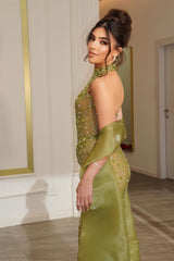 Shining Green High Collar Sleeveless Mermaid Prom Dresses Column Gem Beads With Zipper-Ballbella