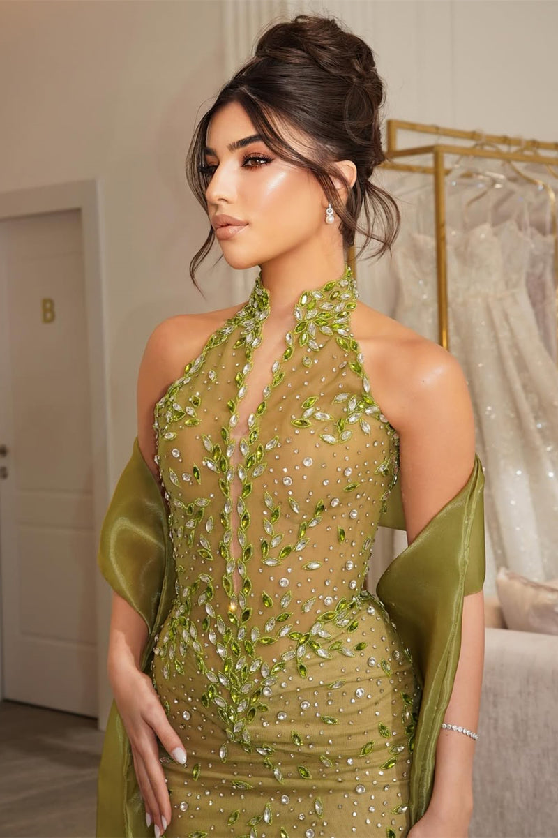 green column dress Shining High Collar Sleeveless Mermaid Prom Dresses Gem Beads With Zipper floral accents and Micro Rhinestone Metal Women's Beachlunchlounge Dresses | Width:EW (Extra Wide)