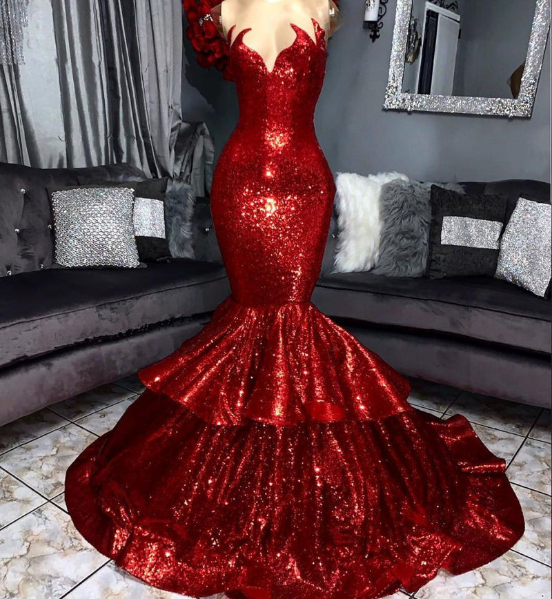 Ballbella offers all kinds of cheap shining evening dresses online,  sort by color,  neckline or fabric. Discover more styles Charming Hot Red Mermaid Prom Party Gowns with Ruffles that will match you preferctly now.