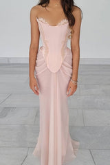 Shining Pink Strapless Sleeveless Chiffon Prom Dresses Long Beads With Lace-Up Back Pleats-Ballbella