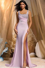 Shining Pink Straps Sleeveless Satin Sequins Mermaid Prom Dress Column High Split With Beads-Ballbella