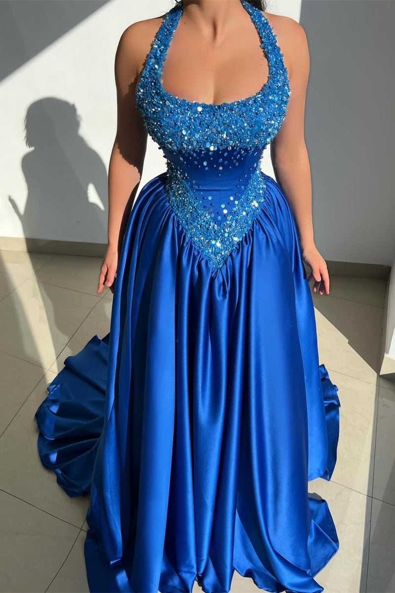 Shining Royal Blue Halter Sleeveless Satin Prom Dresses A-Line Long With Beads Pleats Shining Royal Blue Halter Sleeveless Satin Prom Dresses A-Line Long With Beads Pleats