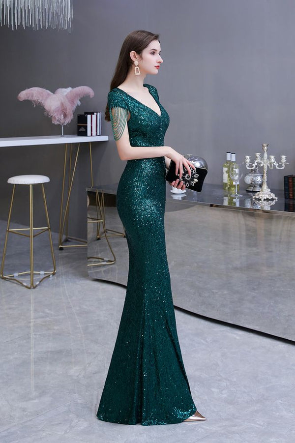 Shining Sequined Emerald Green Mermaid Cap sleeve Long Prom Party