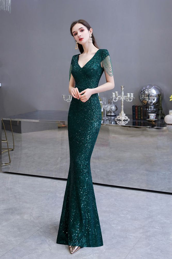Shining Sequined Emerald Green Mermaid Cap sleeve Long Prom Party Gowns Shining Sequined Emerald Green Mermaid Cap sleeve Long Prom Party Gowns