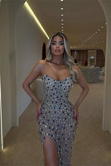 Shining Silver Sweetheart Prom Dresses Floor Length Gem High Slit With Beads-Ballbella