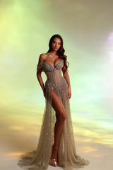 Shining Sweetheart Off-The-Shoulder V-Neck A-Line Prom Dress High Split Gem On Sale-Ballbella