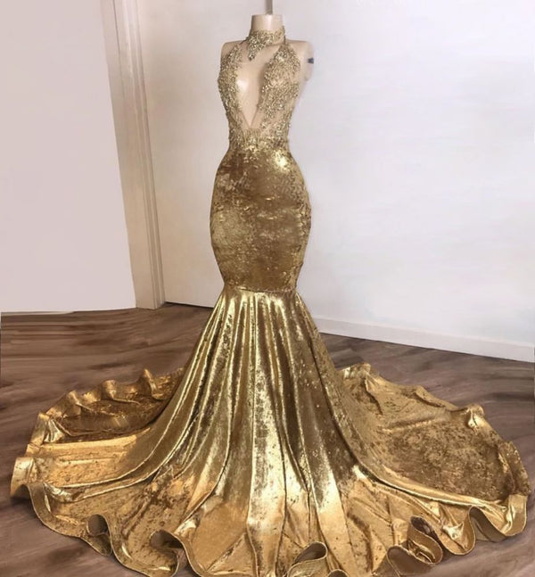 Looking for Prom Dresses, Evening Dresses, Real Model Series in Velvet,  Mermaid style,  and Gorgeous Appliques work? Ballbella has all covered on this elegant Shinning Champagne Gold Deep V-neck Court Train Mermaid Prom Dresses.