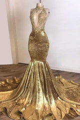 Shinning Champagne Gold Deep V-neck Court Train Mermaid Prom Dresses-Ballbella
