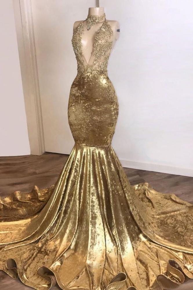 Shinning Champagne Gold Deep V-neck Court Train Mermaid Prom Dresses-Ballbella