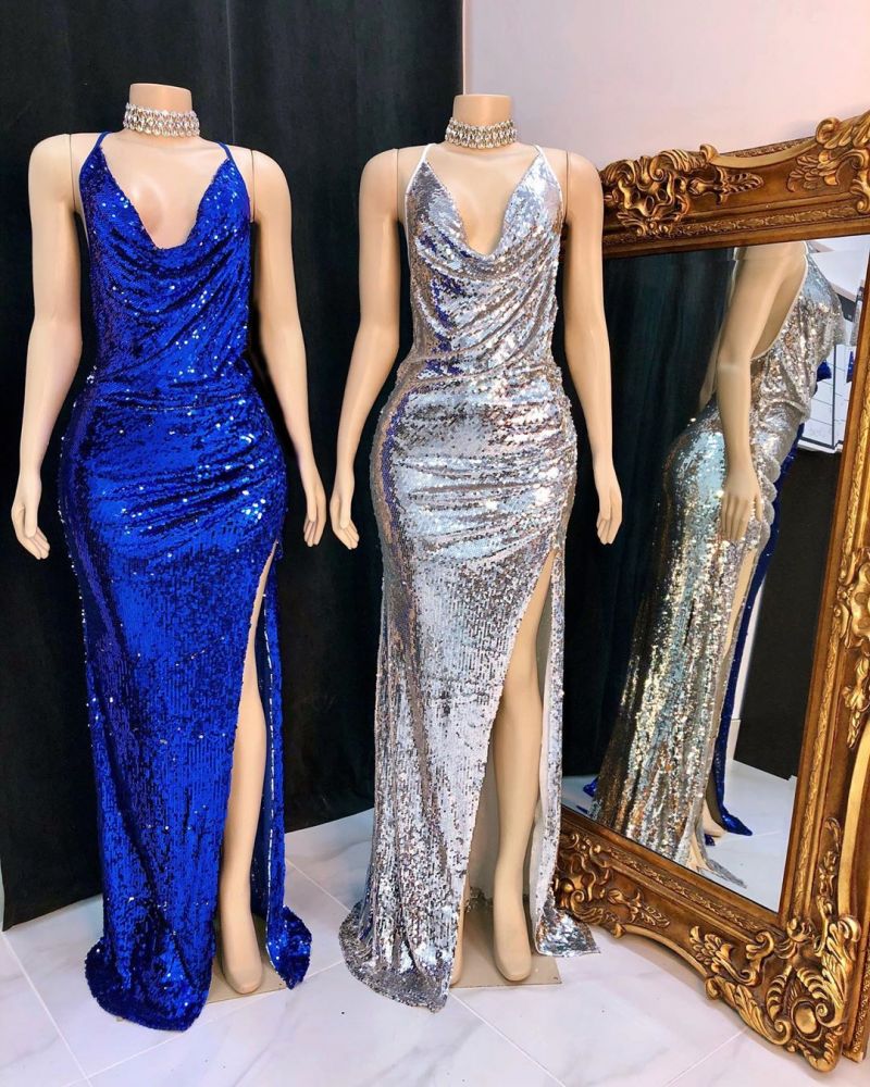 Looking for Prom Dresses, Evening Dresses, Real Model Series in Sequined,  Column style,  and Gorgeous Split Front, Sequined work? Ballbella has all covered on this elegant Shinning Sequins V-neck Sleeveless Front Slit Mermaid Prom Dresses.