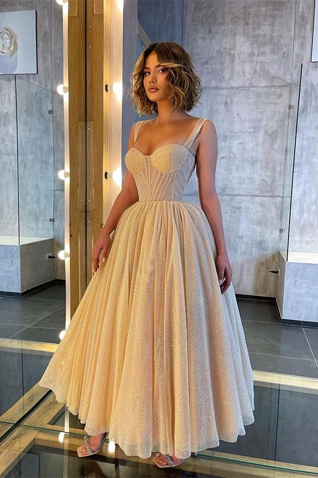 Shinning Straps Sweetheart Prom Dress Sequins Midi Length Sleeveless-Ballbella