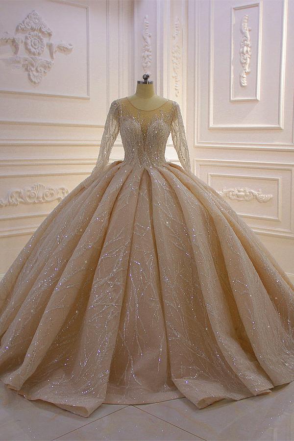Shiny Ball Gown Tulle Jewel Long Sleevess Ruffless Wedding Dress Shiny Ball Gown Tulle Jewel Long Sleevess Ruffless Wedding Dress