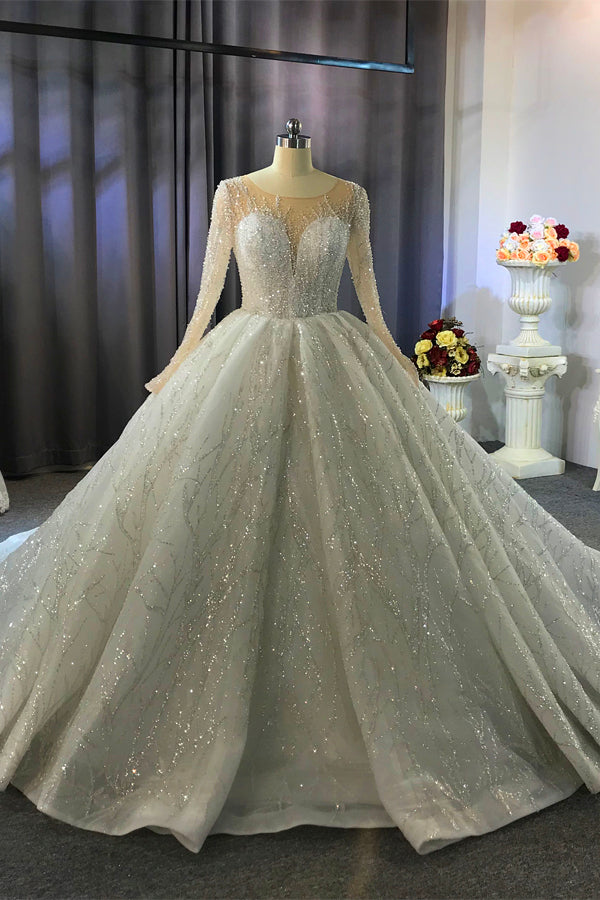 jewel long sleeve drop waist tulle wedding dress Shiny Ball Gown Tulle Jewel Long Sleevess Ruffless Wedding Dress