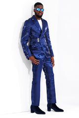 Shiny Blue Buckle Belt Mens Fashion Prom Suit-Ballbella