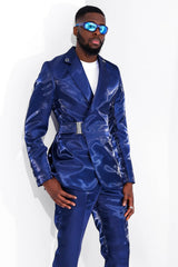 Shiny Blue Buckle Belt Mens Fashion Prom Suit-Ballbella