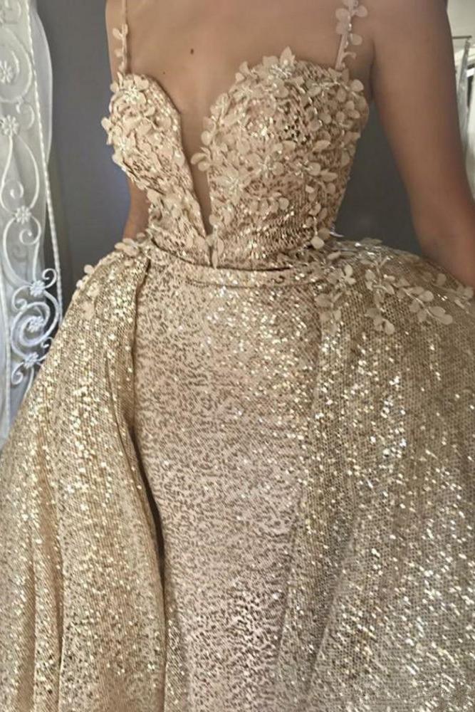 Shiny Champagne Sequins V-neck Spaghetti Straps Appliques Prom Dresses With Detachable Skirt-Ballbella