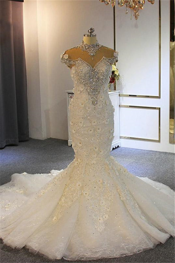 Shiny Crystal High Neck Floral Wedding Dresses Sheer Tulle Sleeveless Mermaid Bridal Gowns-Ballbella