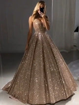Shiny Gold Ball Gown Evening Dresses Chic V-Neck Sequin Prom Dresses. Free shipping,  high quality,  fast delivery,  made to order dress. Discount price. Affordable price. Ballbella.