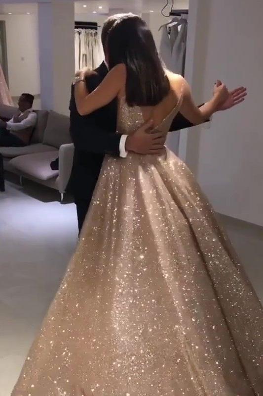 Shiny Gold Ball Gown Evening Dresses Chic V-Neck Sequin Prom Dresses-Ballbella