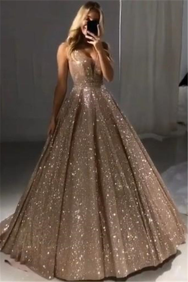 Shiny Gold Ball Gown Evening Dresses Chic V-Neck Sequin Prom Dresses-Ballbella