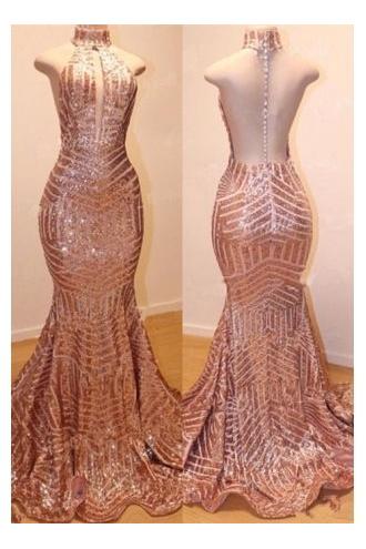 Shiny High Neck Sleeveless Sequins Mermaid Prom Dresses-Ballbella