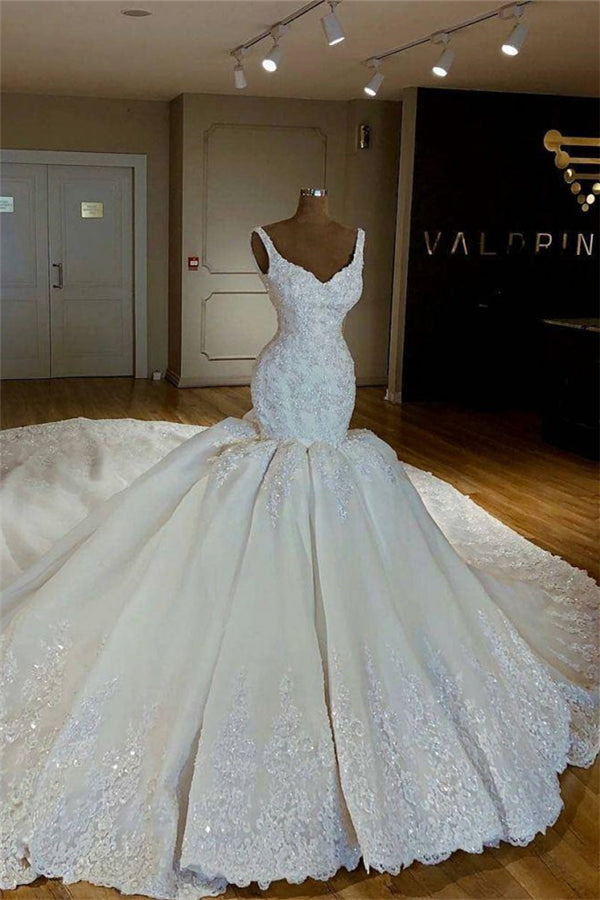 Shiny Mermaid Beading Lace Straps Applique Wedding Dresses-Ballbella