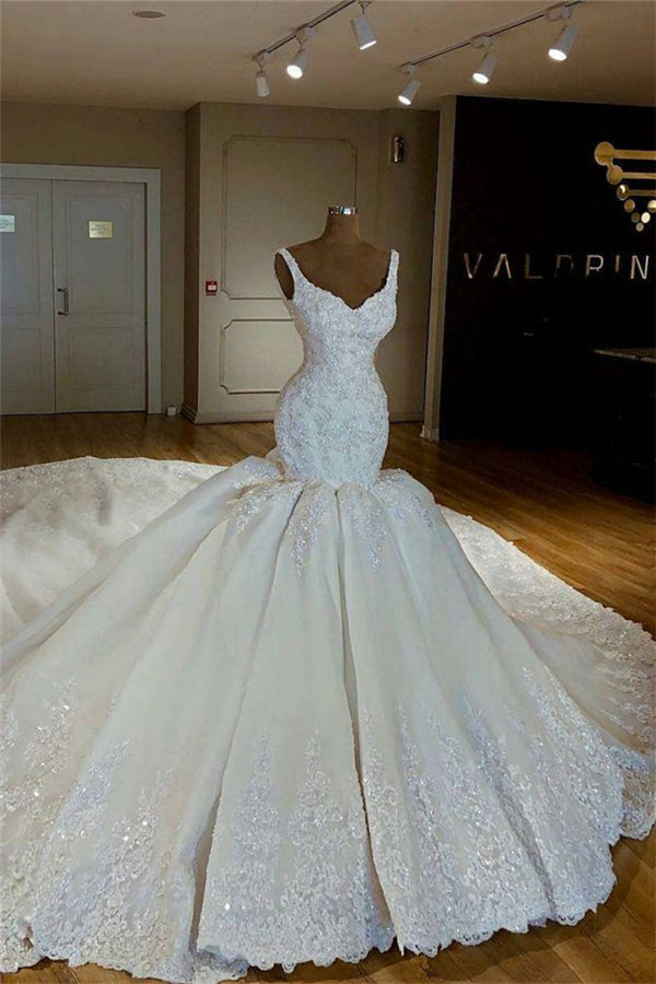 Shiny Mermaid Beading Lace Straps Applique Wedding Dresses-Ballbella
