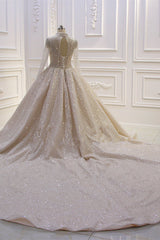 Shiny Sequined Long Sleevess Pleats Champange Wedding Dress-Ballbella