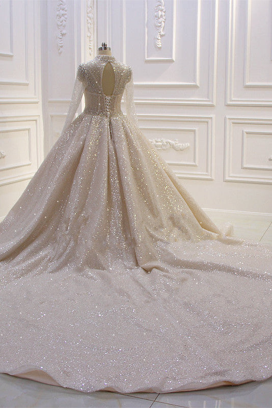 Shiny Sequined Long Sleevess Pleats Champange Wedding Dress-Ballbella