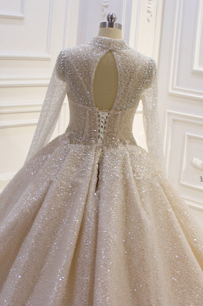 Shiny Sequined Long Sleevess Pleats Champange Wedding Dress-Ballbella