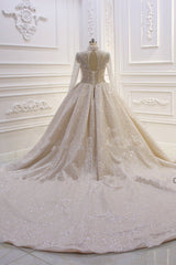 Shiny Sequined Long Sleevess Pleats Champange Wedding Dress-Ballbella