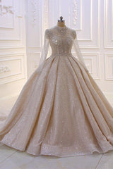 Shiny Sequined Long Sleevess Pleats Champange Wedding Dress-Ballbella