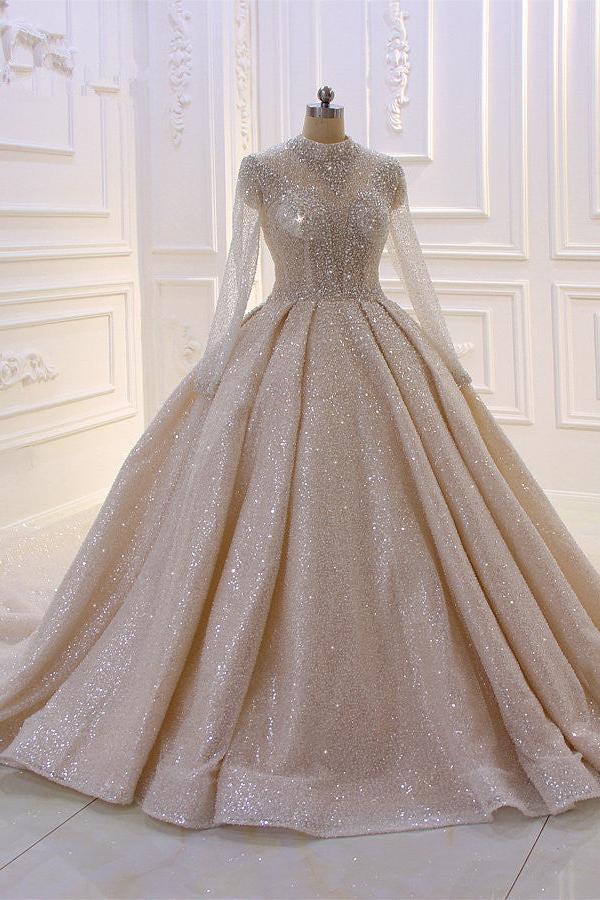 Shiny Sequined Long Sleevess Pleats Champange Wedding Dress-Ballbella