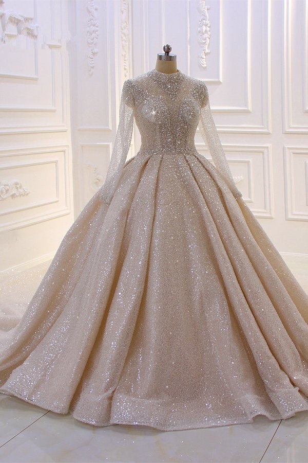Shiny Sequined Long Sleevess Pleats Champange Wedding Dress-Ballbella
