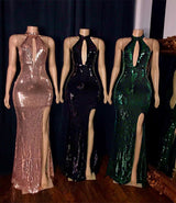 Looking for Prom Dresses, Evening Dresses, Real Model Series in Sequined,  Column style,  and Gorgeous Split Front, Sequined work? Ballbella has all covered on this elegant Shiny Sequins Halter Keyhole Neckline Front Slit Mermaid Prom Gowns.