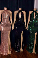Looking for Prom Dresses, Evening Dresses, Real Model Series in Sequined,  Column style,  and Gorgeous Split Front, Sequined work? Ballbella has all covered on this elegant Shiny Sequins Halter Keyhole Neckline Front Slit Mermaid Prom Gowns.
