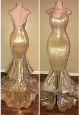 Shiny Sequins Mermaid Spaghettis-Straps Layers-Train Gold Prom Dresses,  we sell dresses On Sale all over the world. Also,  extra discount are offered to our customers. We will try our best to satisfy everyone and make the dress fit you.