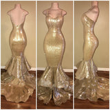 Shiny Sequins Mermaid Spaghettis-Straps Layers-Train Gold Prom Dresses,  we sell dresses On Sale all over the world. Also,  extra discount are offered to our customers. We will try our best to satisfy everyone and make the dress fit you.