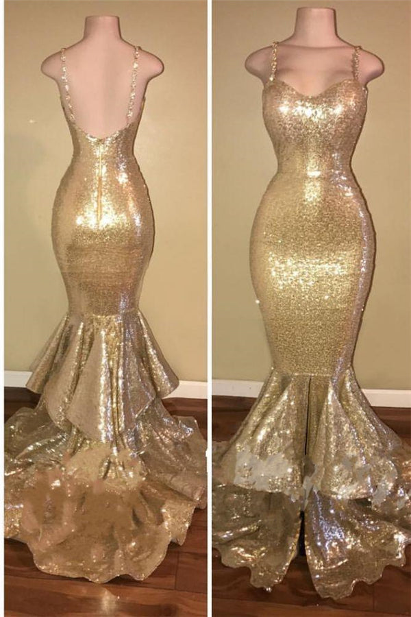 Shiny Sequins Mermaid Spaghettis-Straps Layers-Train Gold Prom Dresses-Ballbella