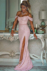 Shiny Sequins Pink Prom Dresses With Slit Off-the-Shoulder Chic Evening Gowns With Buttons-Ballbella