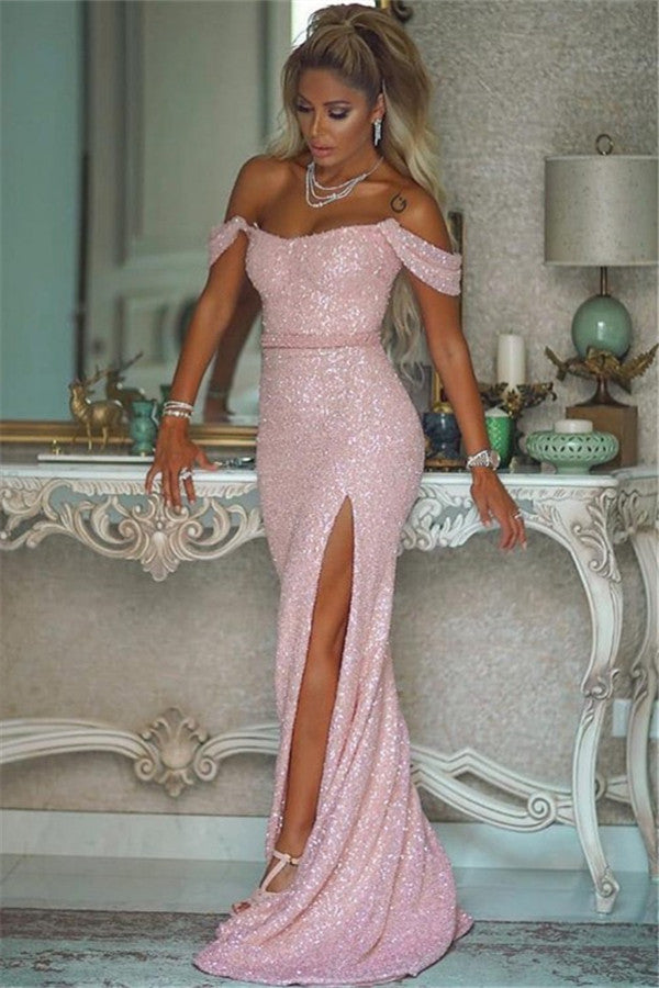Ballbella offers Shiny Sequins Pink Prom Dresses With Slit Off-the-Shoulder Chic Evening Gowns With Buttons On Sale at an affordable price from Sequined to Column Floor-length skirts. Shop for gorgeous Sleeveless Evening Dresses collections for special events.