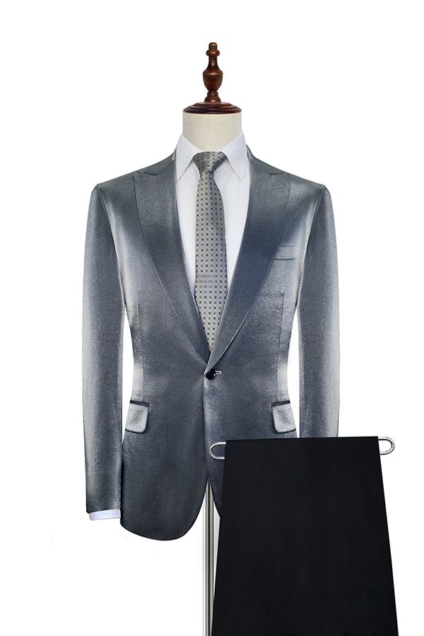 Shiny Silver Prom Suits Glittering Peak Lapel Suits for Men-Ballbella