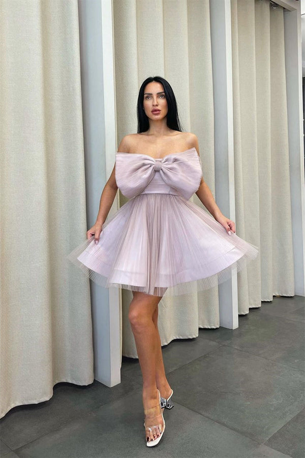 Short Ball Gown Asymmetrical Strapless Bowknot Mini Sleeveless Open Back Elegant Homecoming Dress-Ballbella