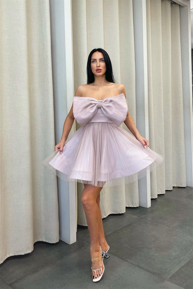 Short Ball Gown Asymmetrical Strapless Bowknot Mini Sleeveless Open Back Elegant Homecoming Dress-Ballbella